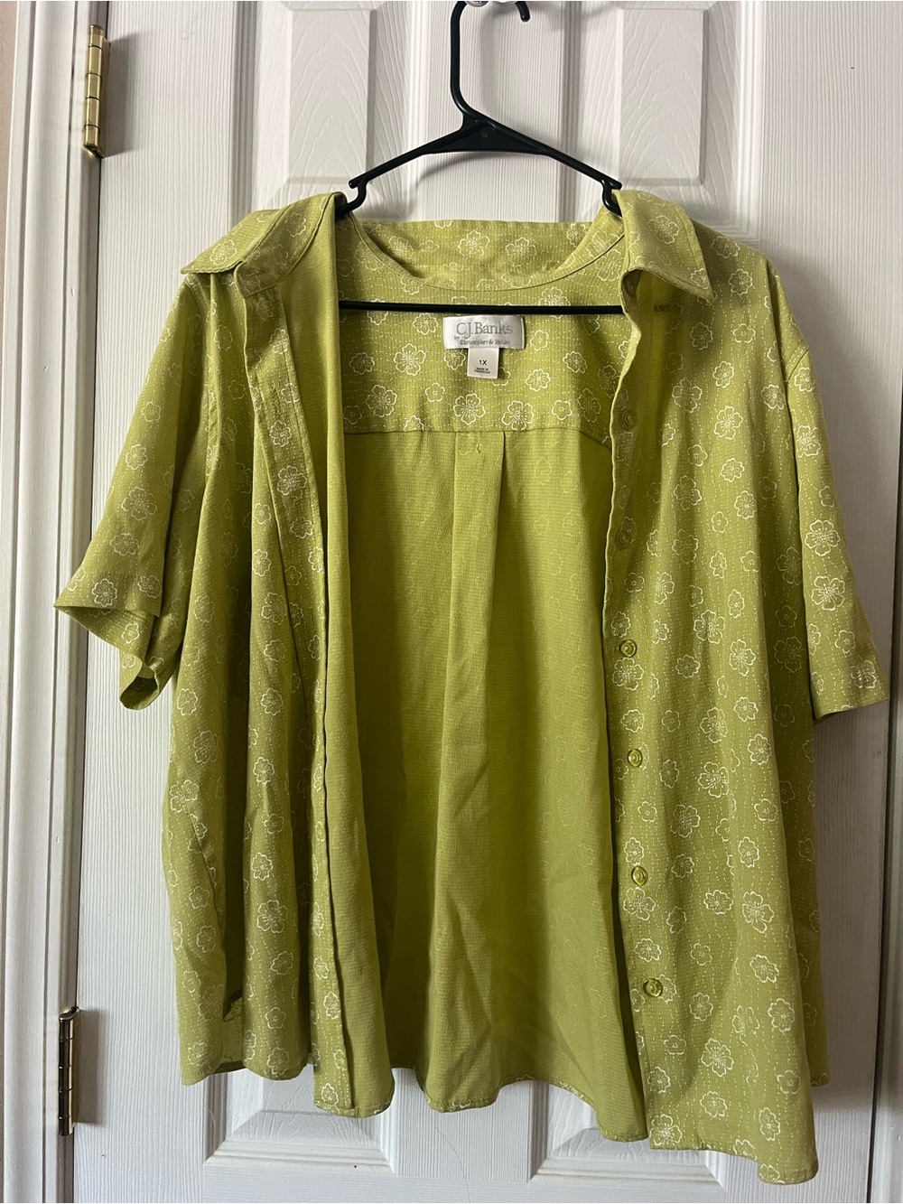 CJ Banks Lime Green Short-Sleeve Button-Down Shirt with Subtle Floral Print